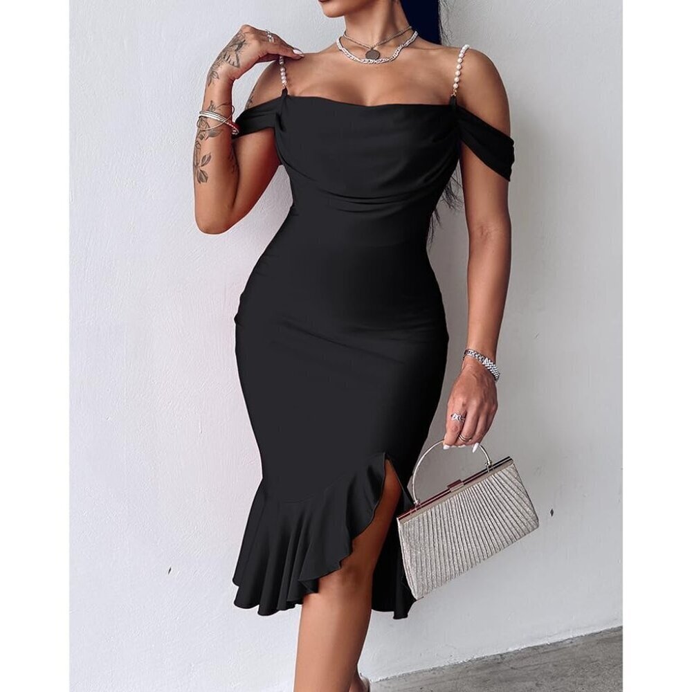 Women Sexy Body con Black Dress Off Shoulder Pearl Strap Midi Ruffle Cocktail - Picture 5 of 5